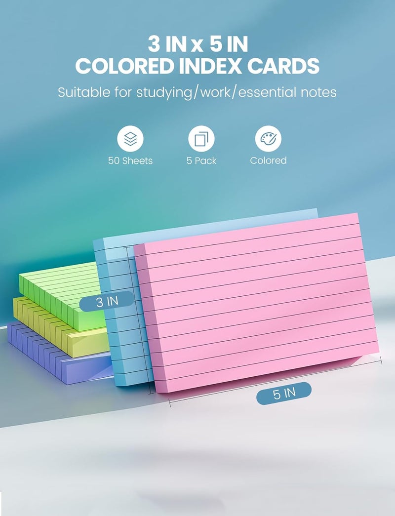 Aidunmis 3x5 Index Cards Colored Note Cards, 250 PCS Ruled Index Cards 3x5, Lined Index Flashcards 3 x 5, Color Flash Cards for Studying, Lined on Front, Blank on Back, 3 x 5 Recipe Card, Notecards for Office - Image 2